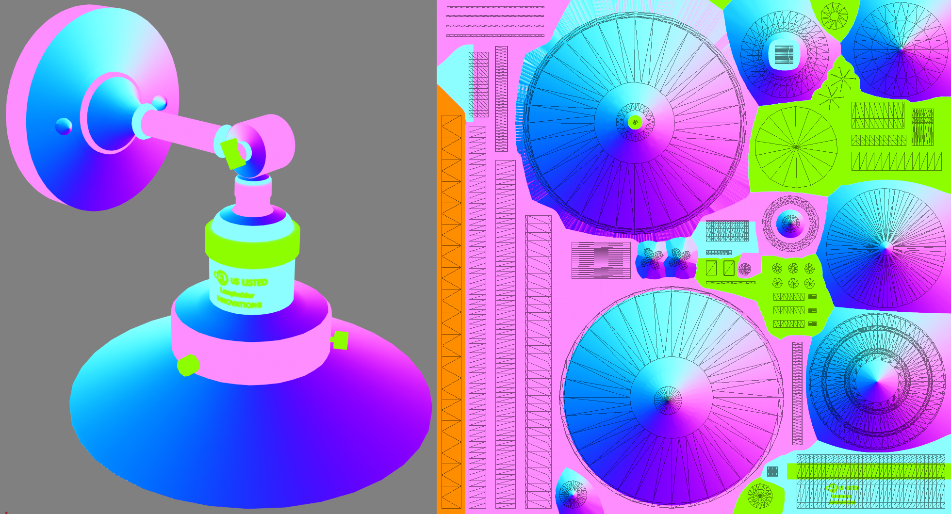 The anisotropy texture shown on the model, next to a wireframe of the UV texture coordinates