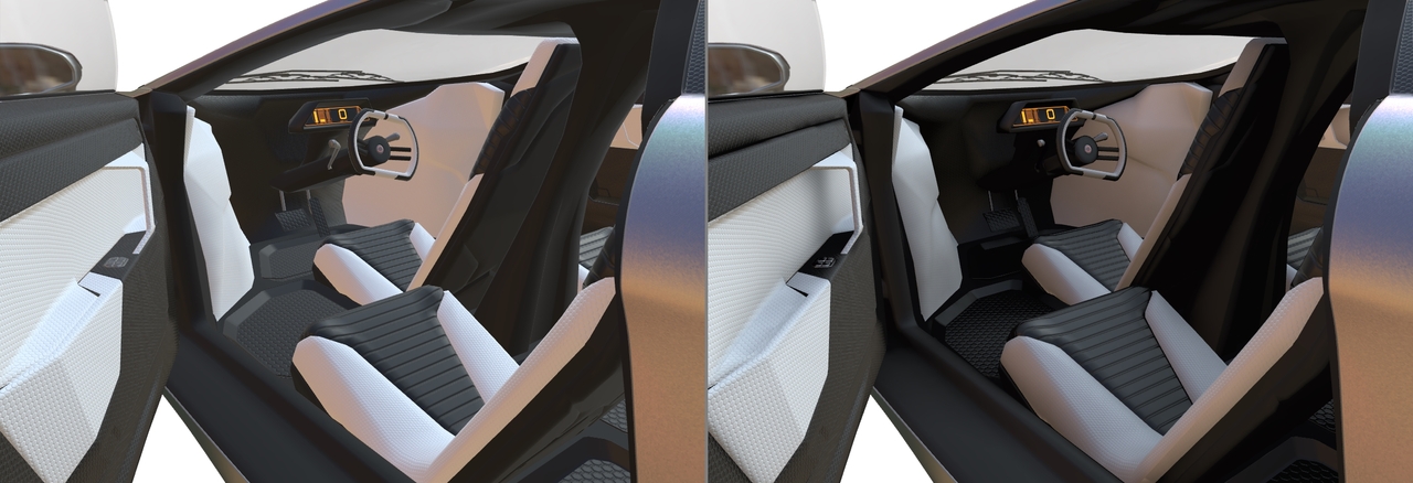 Two screenshots of the car interior, without and with ambient occlusion.