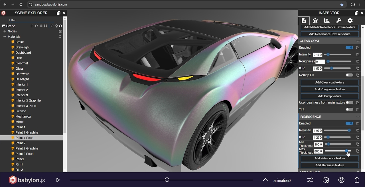 A screenshot of the car glTF in Babylon.js Sandbox with the material editing interface.