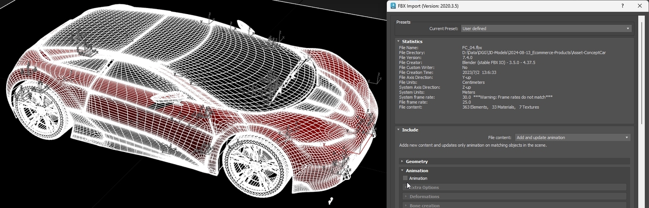 A screenshot of the FBX imported into 3ds Max, showing correct transforms.