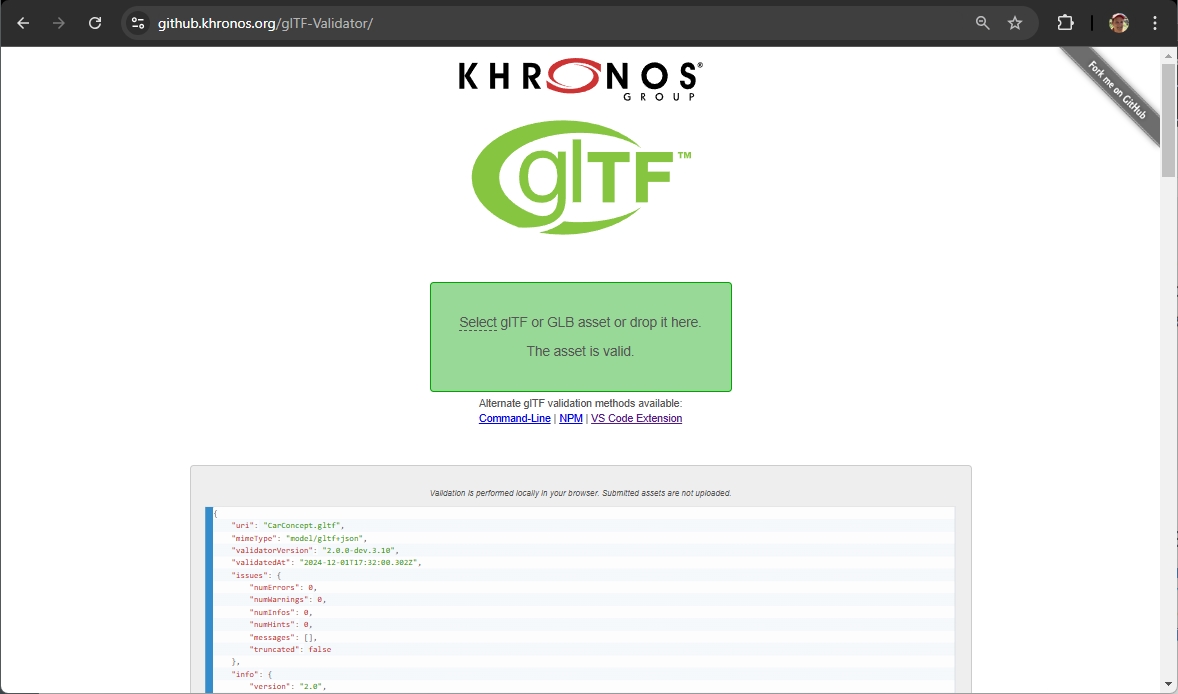 A screenshot of the glTF Validator with with the car glTF loaded.