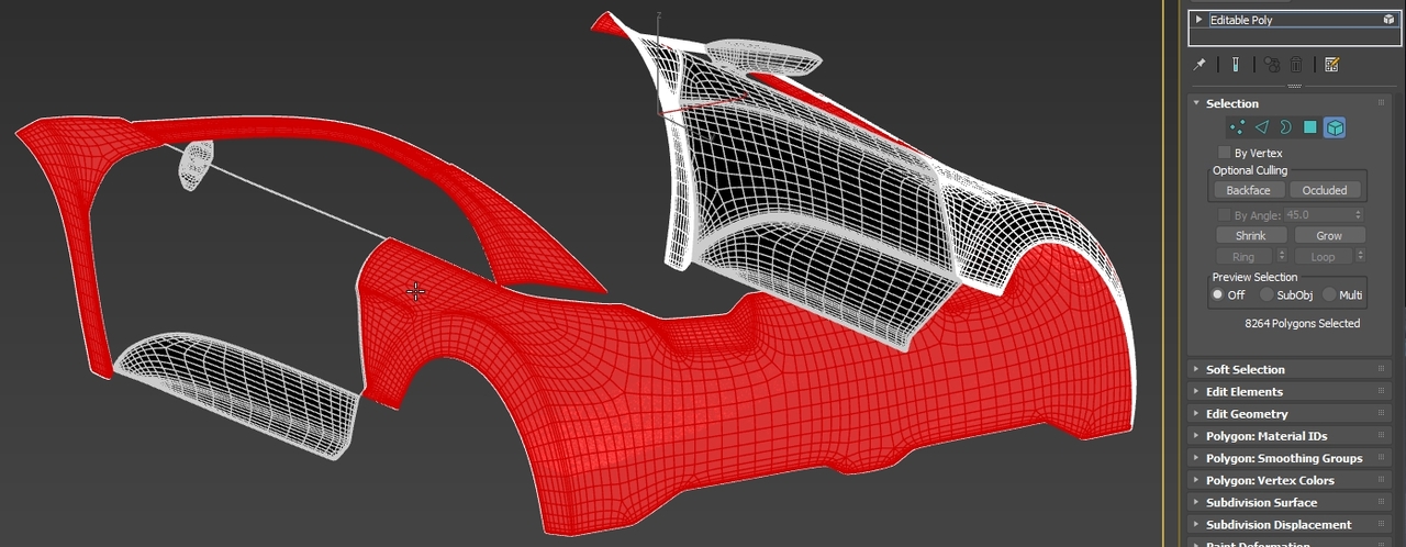 A screenshot of the inner surface of a shell 3ds Max, selected and colored red.