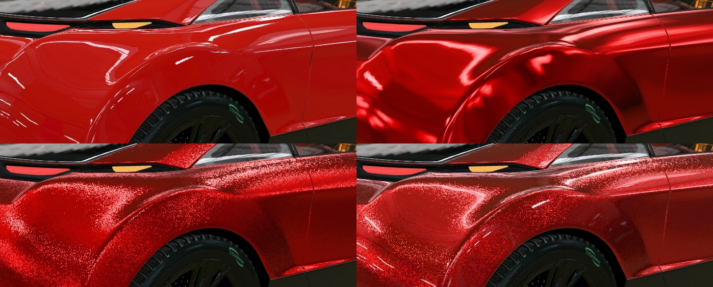 Four screenshots of the car paint, showing the layers involved.