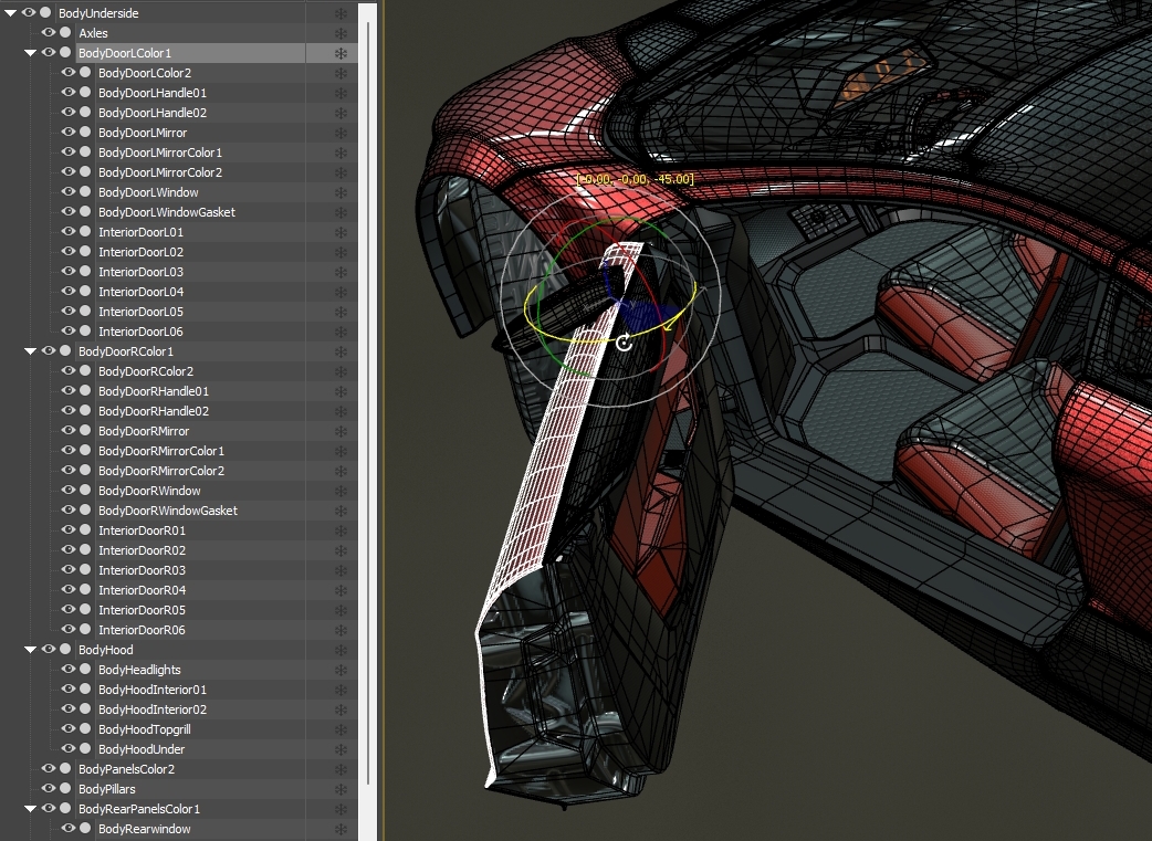 A screenshot of the mesh names, hierarchies, and the door being rotated open.