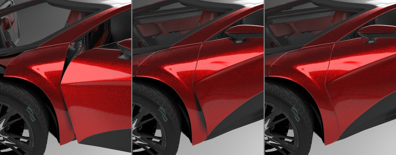 Three screenshots of the car exterior, showing unwanted shadowing on the car paint.