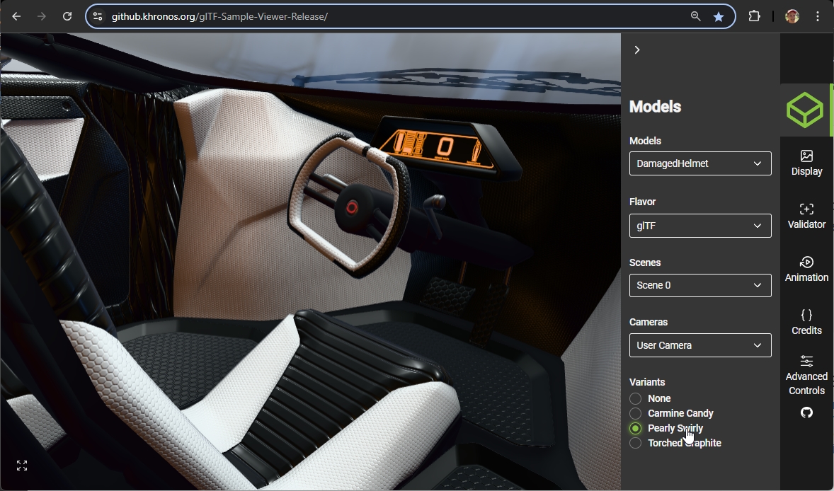 A screenshot of the car glTF in glTF Sample Viewer with the variant selection interface.