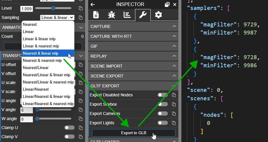 Using the Babylon.js Sandbox to set Sampling, exporting to GLB, and extracting values in VS Code.