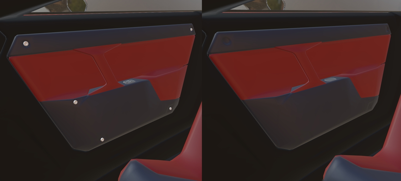 Two screenshots of the car interior, with bolts and without them.