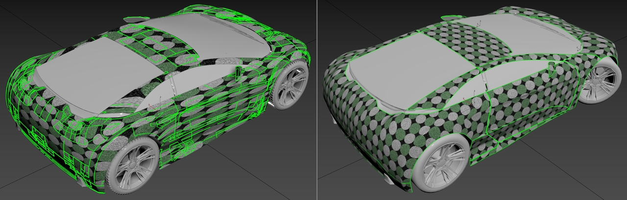 A screenshot of the texture coordinates, before and after cleanup. A texture with dark green and gray circles is used to show distortions, and bright green lines indicate UV seams.