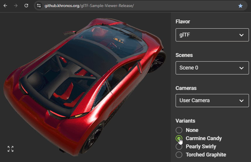 An animated GIF of the car glTF with the variants being switched in glTF Sample Viewer.