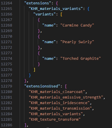 A screenshot of the car glTF in Visual Studio Code with the "extensions" section selected, showing the variant names.
