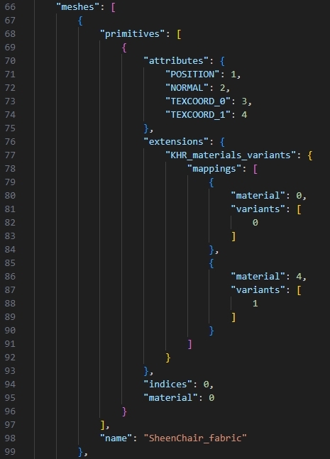 A screenshot of the SheenChair glTF in Visual Studio Code with the "extensions" section selected, showing the variant and material indices.