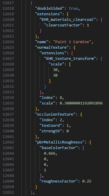 A screenshot of the car glTF in Visual Studio Code with the "Paint 1" material selected.