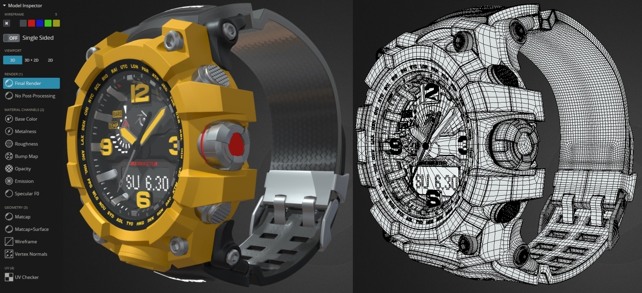 Screenshots from Sketchfab of the source asset, shaded and wireframe