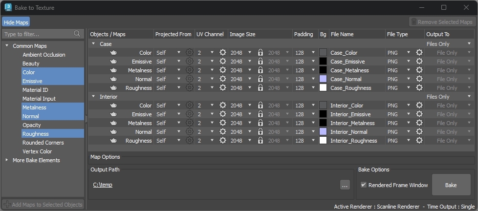 The Bake To Texture interface is shown with the desired render elements