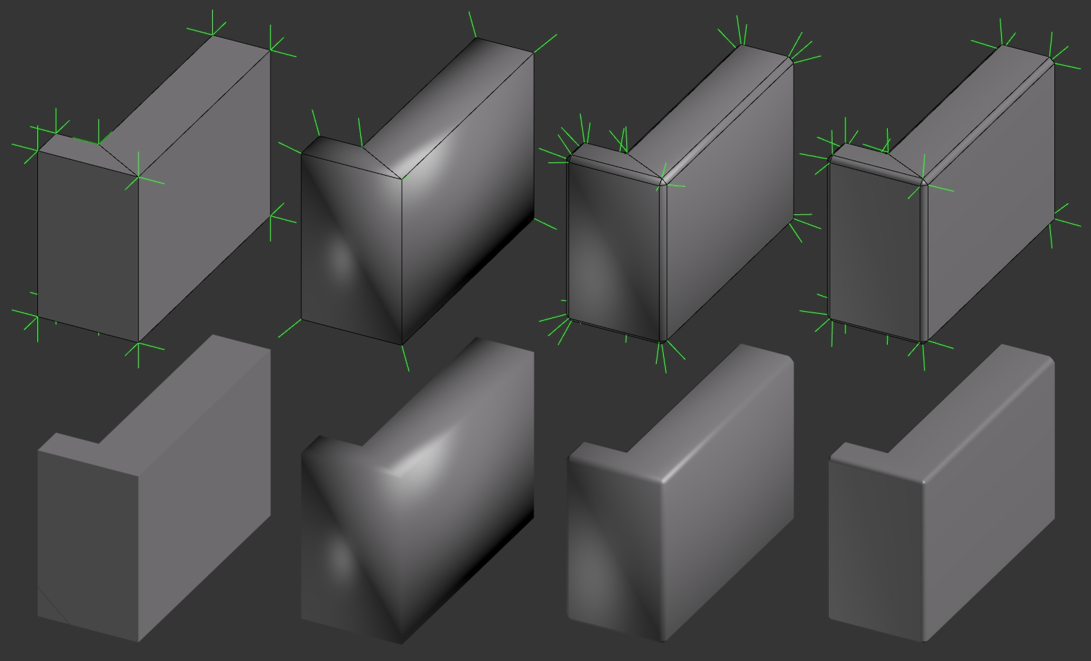 Wireframe views of an L-shaped mesh, with vertex normals shown in various configurations