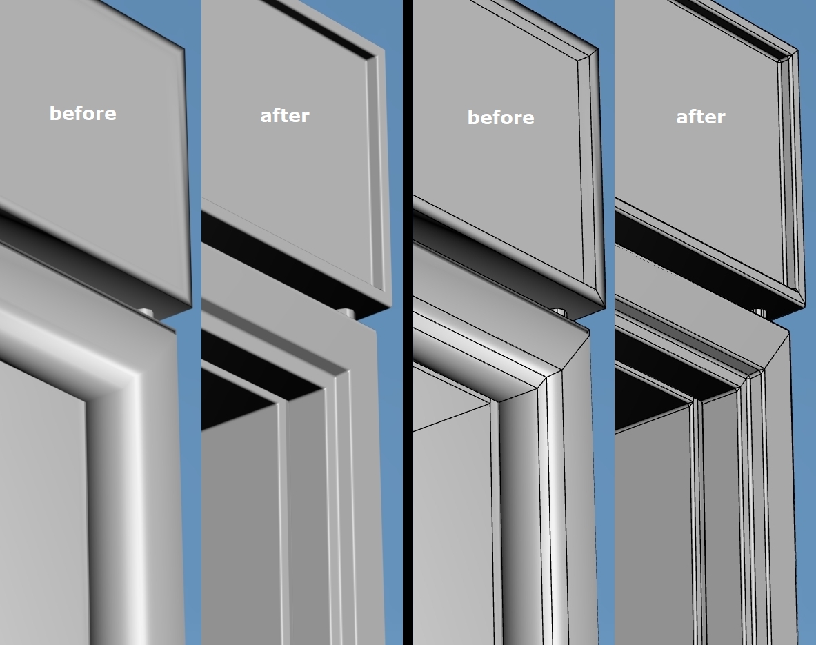 Shaded and wireframe views of the upper part of the refrigerator, before and after chamfering