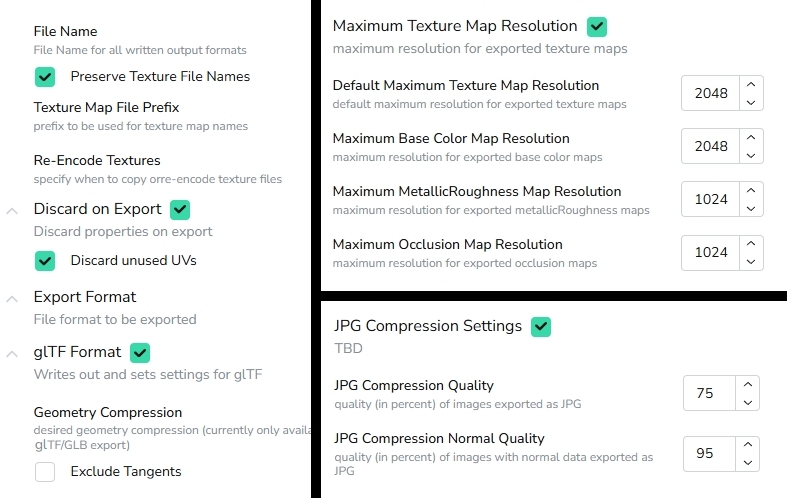 Screenshots of multiple setting parameters