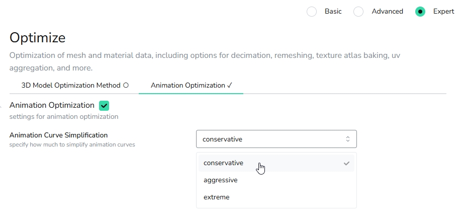 A screenshot of Optimize setting parameters, with the Conservative option being chosen