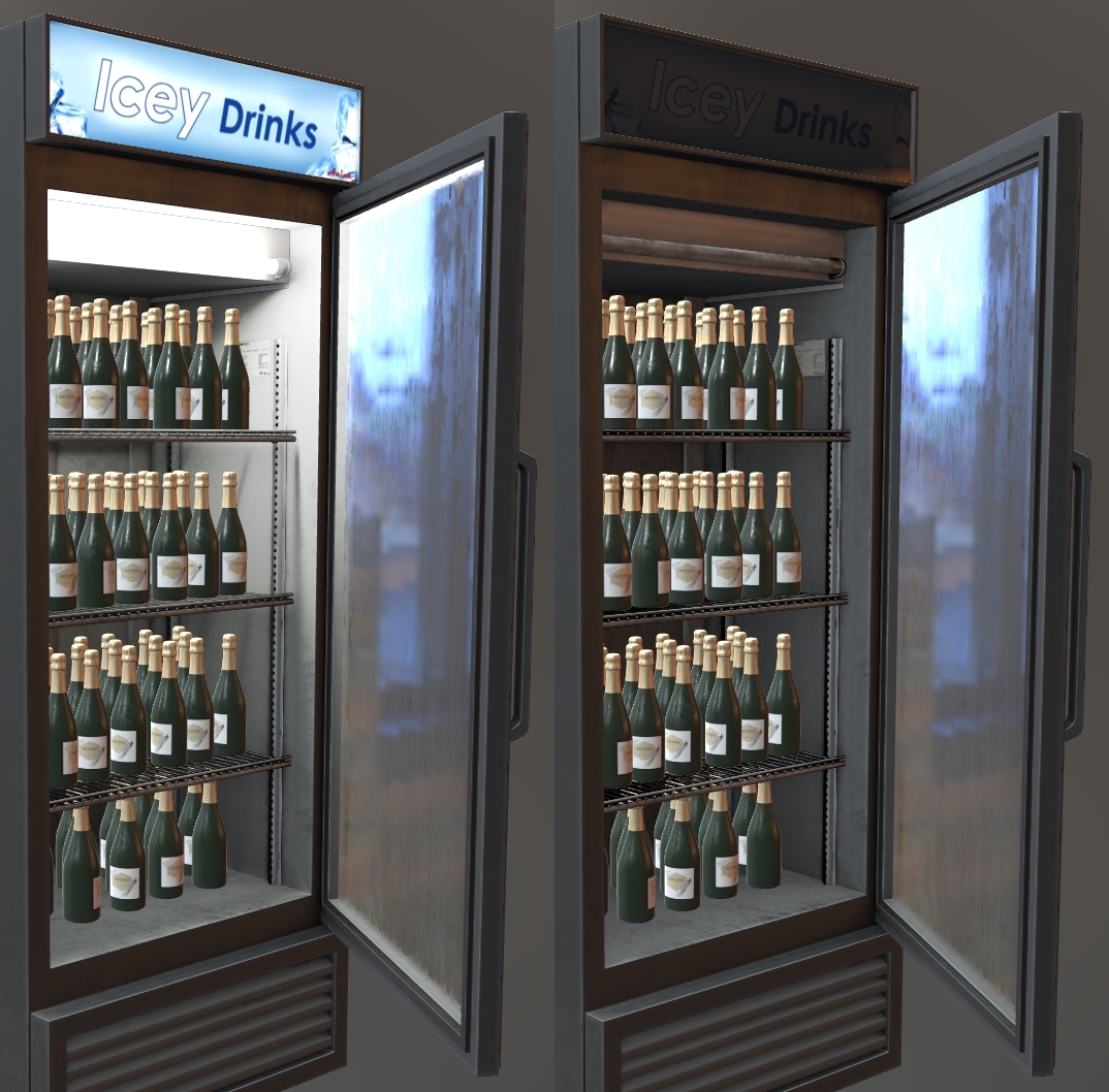 The refrigerator is shown with Emissive enabled on one side, and disabled on the other