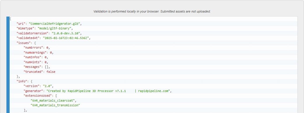 A screenshot of a result from the glTF Validator, showing zero Errors/Warnings/Infos/Hints