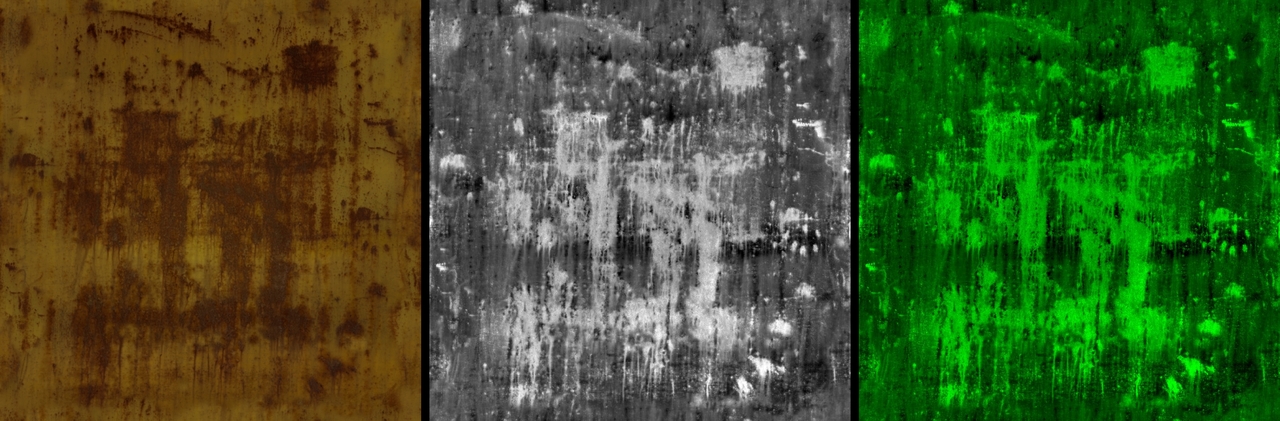 A photo of rusty metal, next to an edited grayscale version, next to the final green version