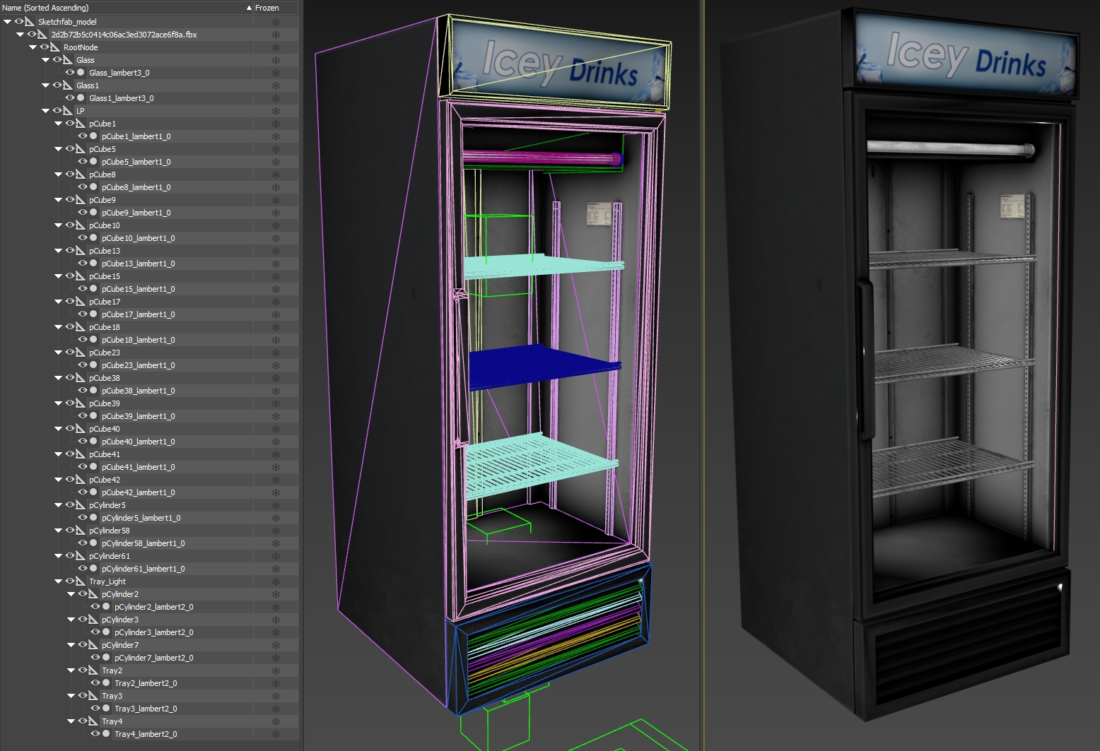 A list of node names in a hierarchy, a shaded wireframe of the refrigerator, and a shaded non-wireframe view