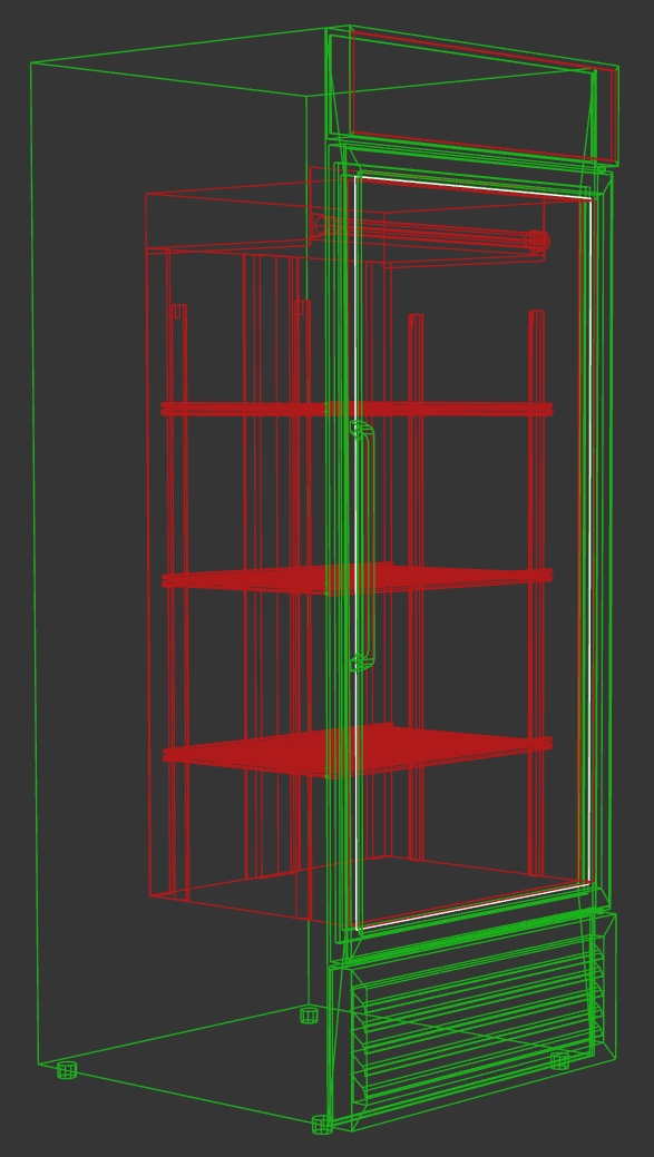 A colored wireframe shows three structures in the refrigerator.