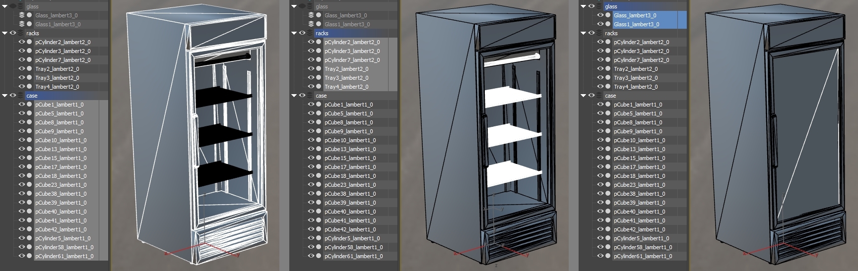 Node lists are shown with selections of meshes, indicating three collections of nodes