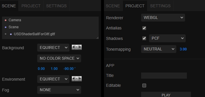 Screenshot of three.js editor settings